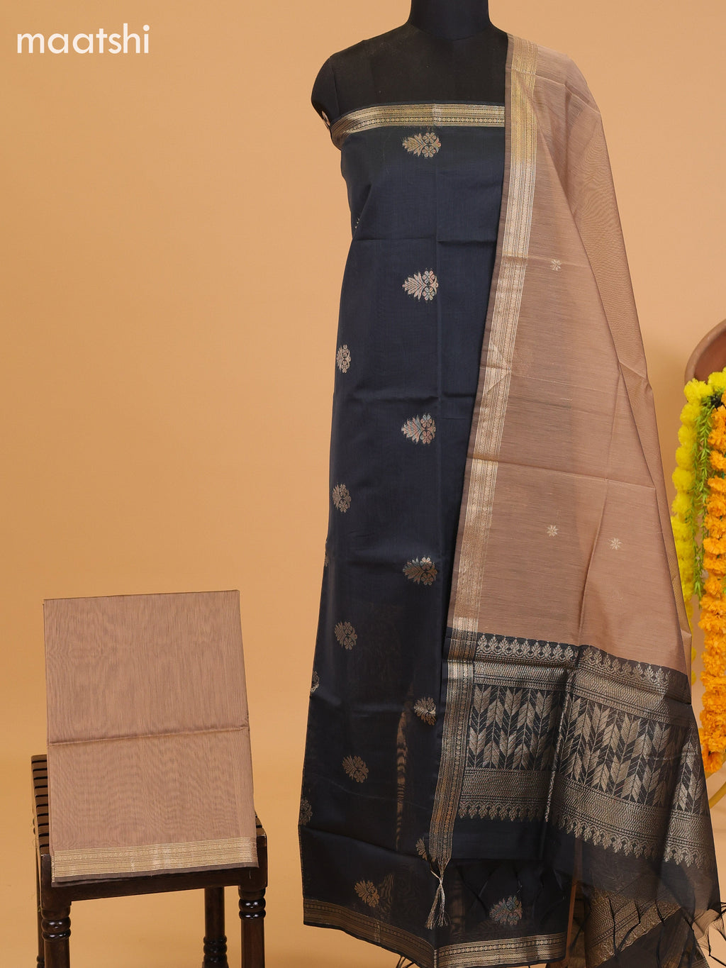 Dark Grey and Dark Sandal Semi Silk Cotton Dress Material With Zari Buttas and Bottom & Dupatta