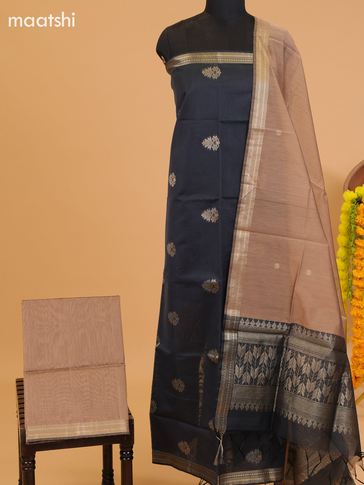 Dark Grey and Dark Sandal Semi Silk Cotton Dress Material With Zari Buttas and Bottom & Dupatta