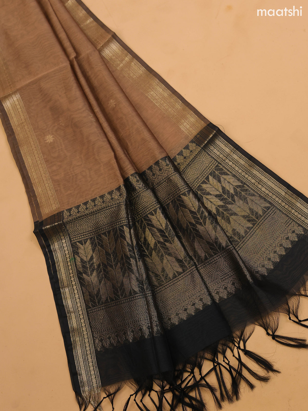 Dark Grey and Dark Sandal Semi Silk Cotton Dress Material With Zari Buttas and Bottom & Dupatta