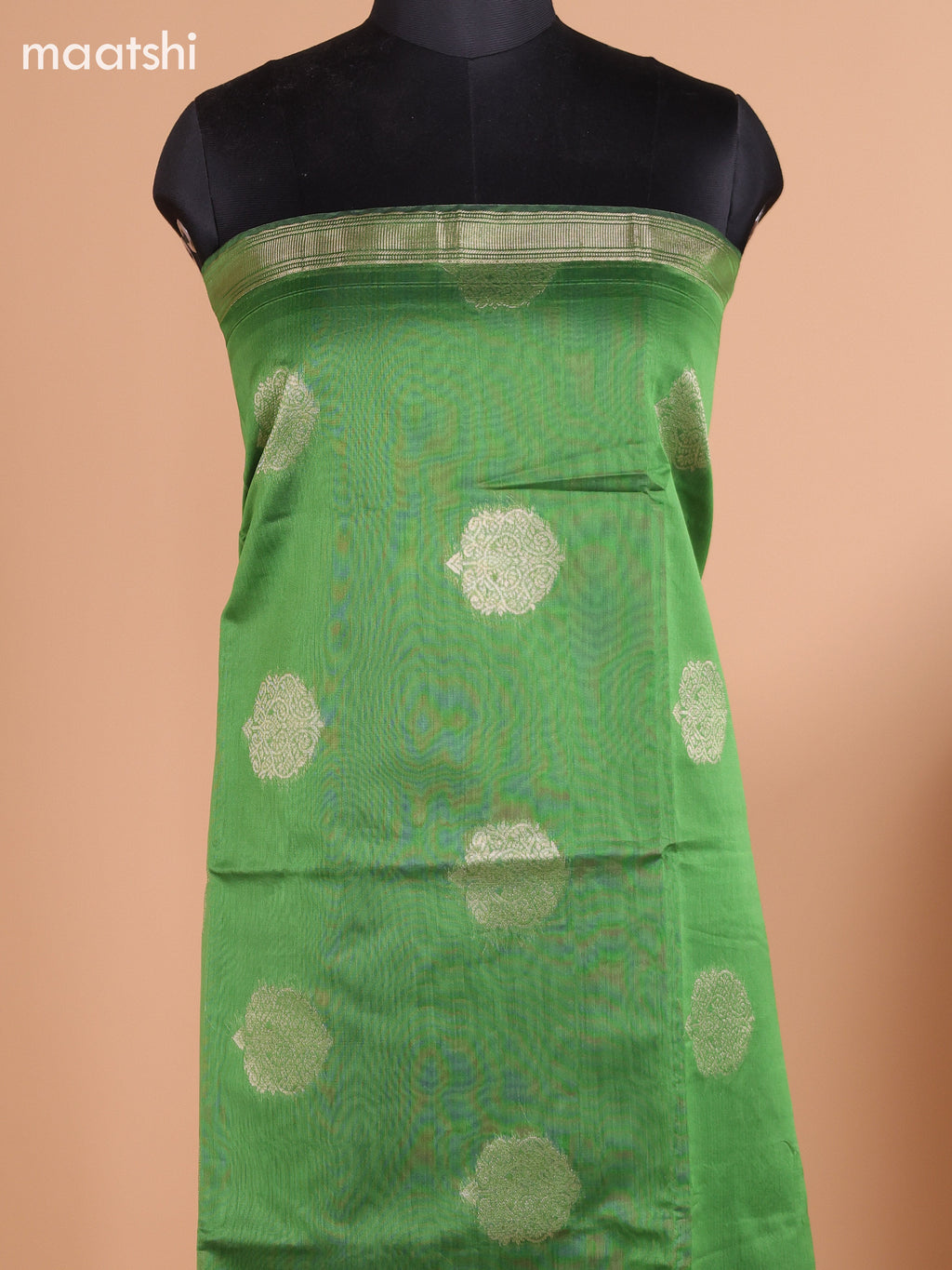 Green and Dark Sandal Semi Silk Cotton Dress Material With Zari Buttas and Bottom & Dupatta