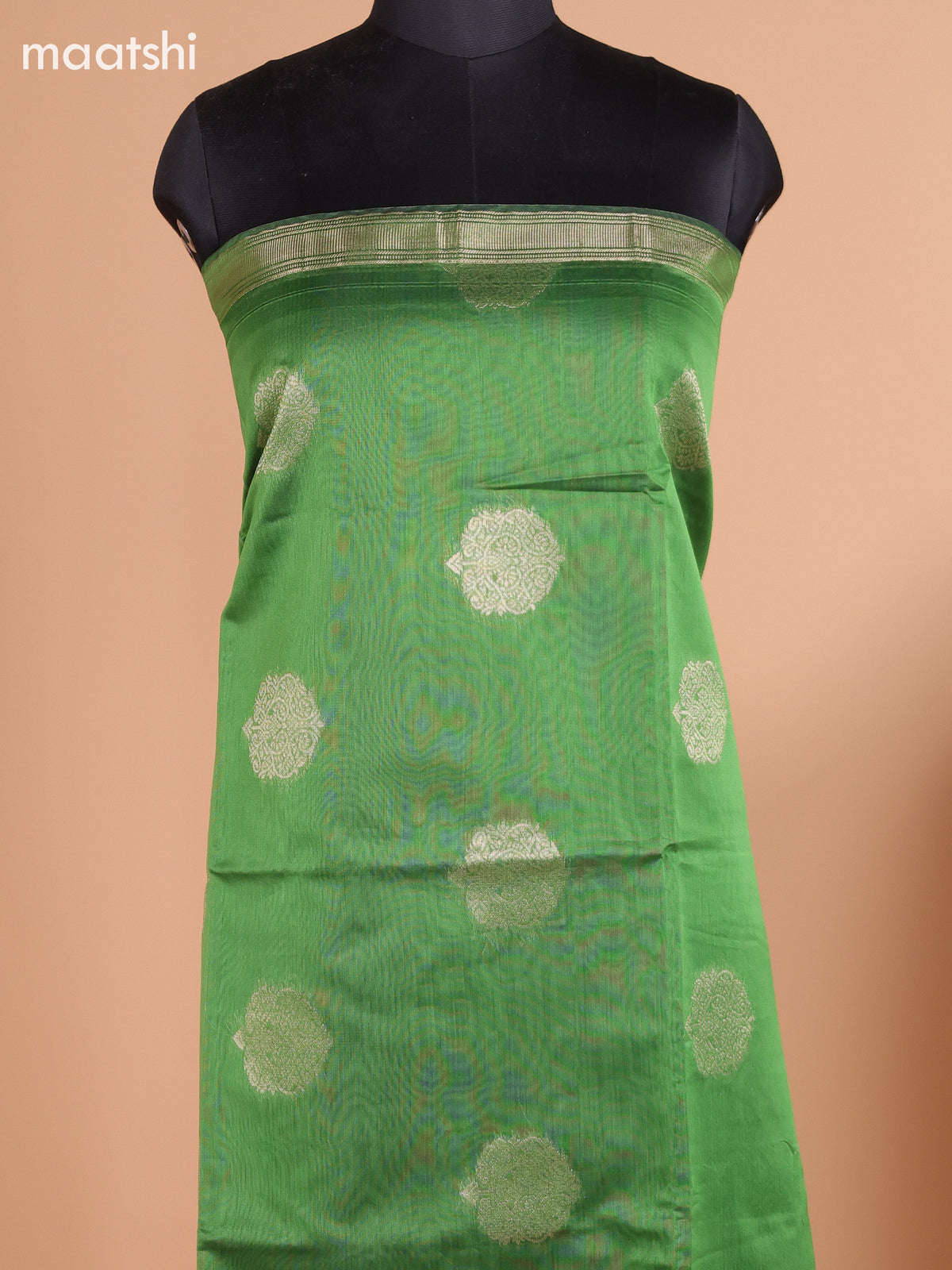 Green and Dark Sandal Semi Silk Cotton Dress Material With Zari Buttas and Bottom & Dupatta