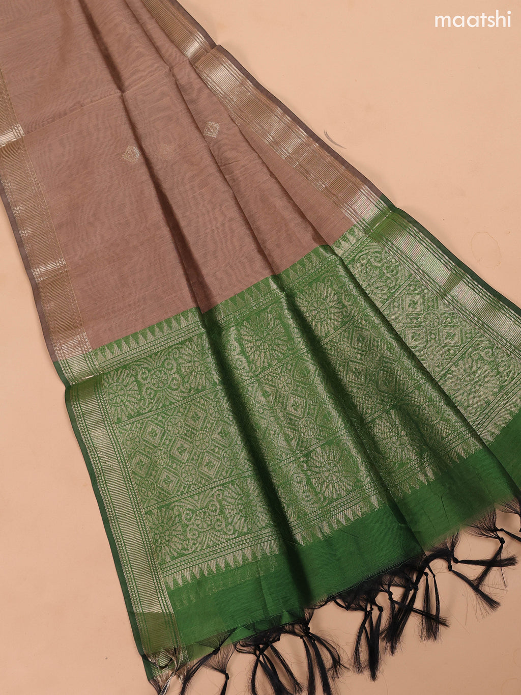 Green and Dark Sandal Semi Silk Cotton Dress Material With Zari Buttas and Bottom & Dupatta
