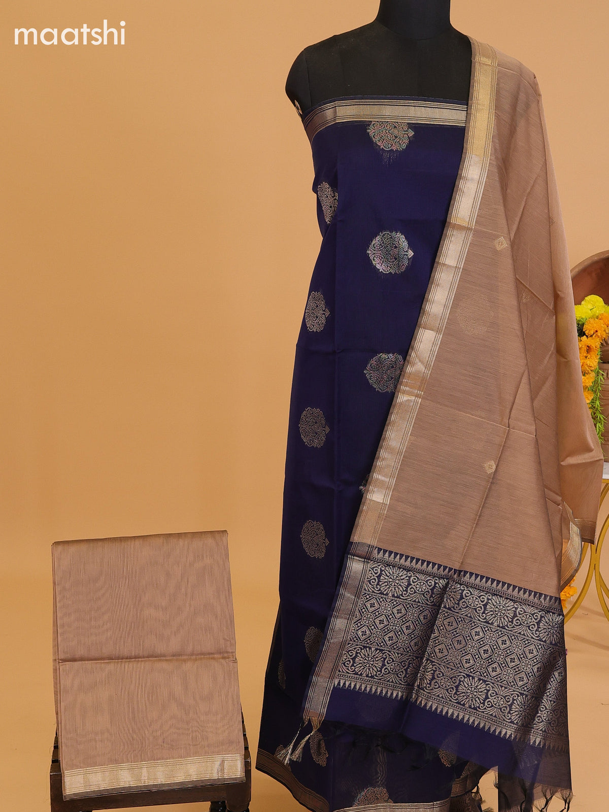 Deep Navy Blue and Dark Sandal Semi Silk Cotton Dress Material With Zari Buttas and Bottom & Dupatta