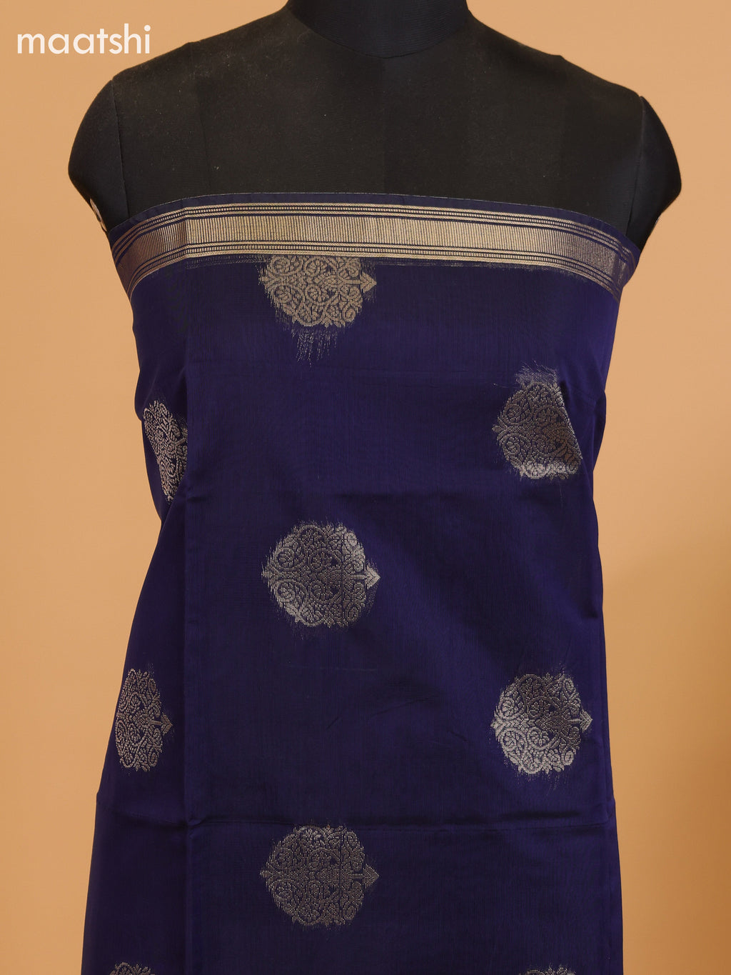 Deep Navy Blue and Dark Sandal Semi Silk Cotton Dress Material With Zari Buttas and Bottom & Dupatta