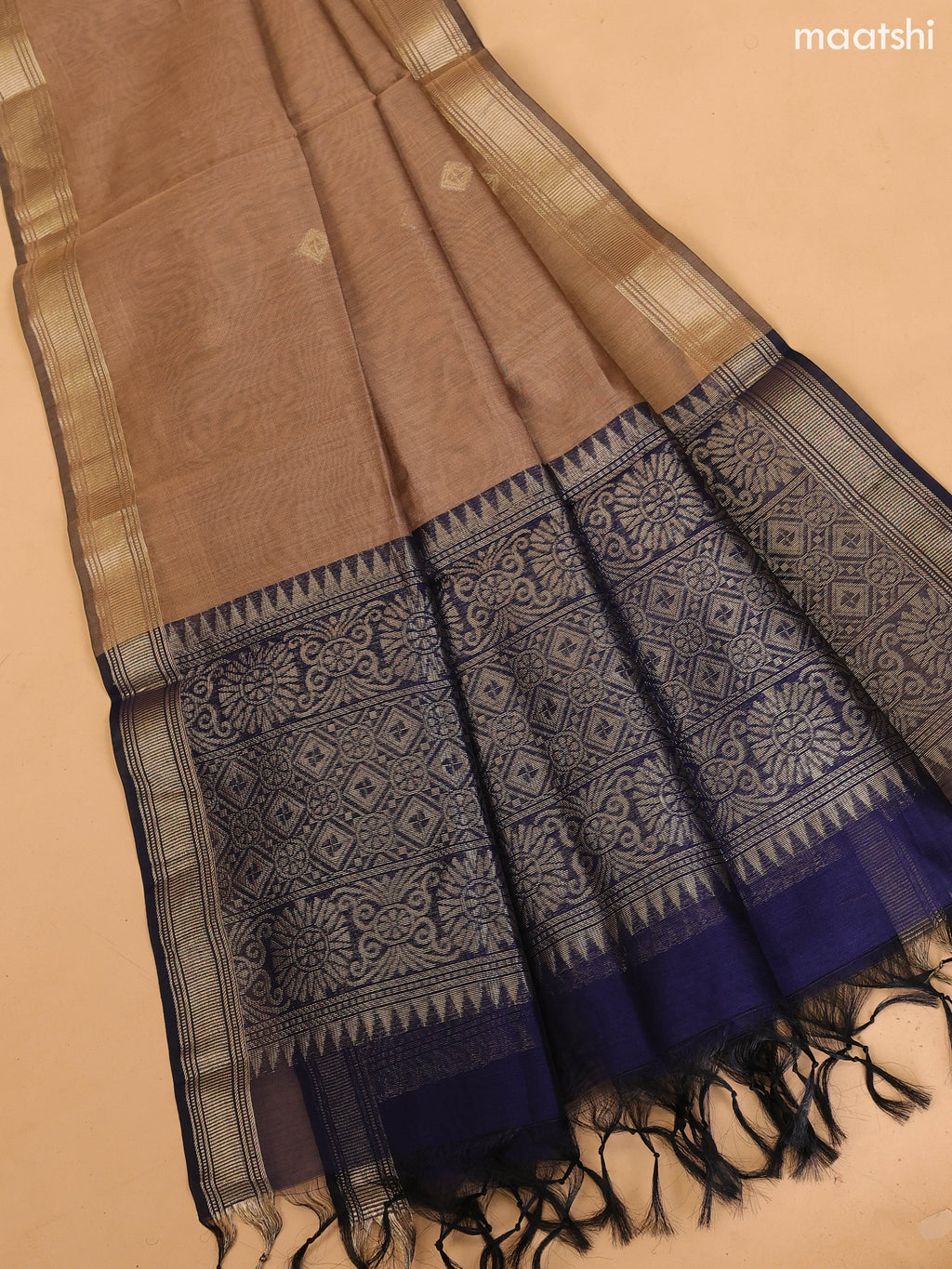Deep Navy Blue and Dark Sandal Semi Silk Cotton Dress Material With Zari Buttas and Bottom & Dupatta