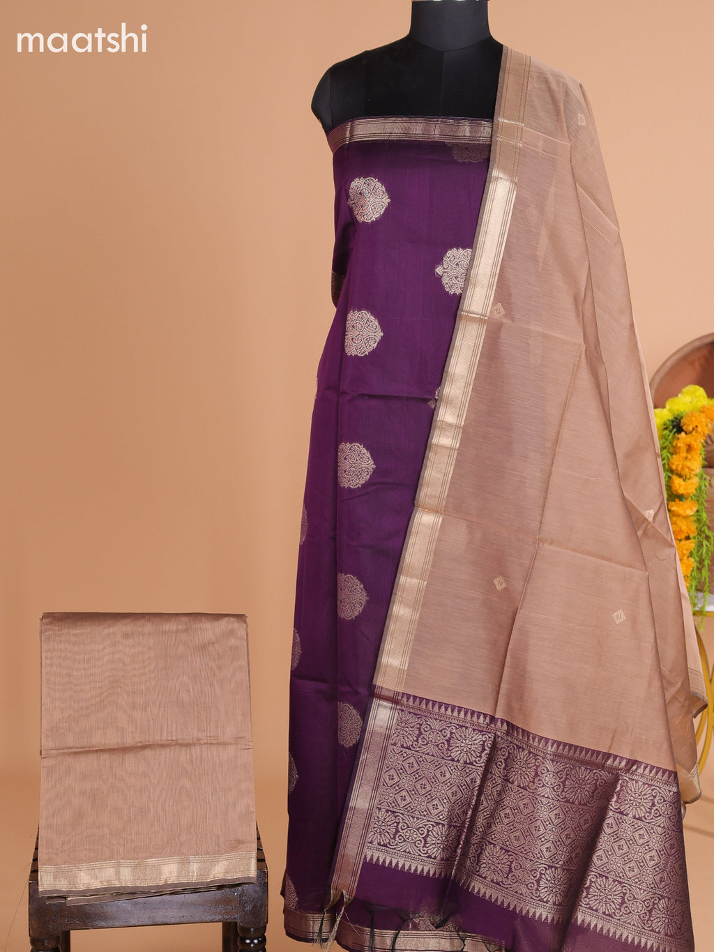 Deep Purple and Dark Sandal Semi Silk Cotton Dress Material With Zari Buttas and Bottom & Dupatta