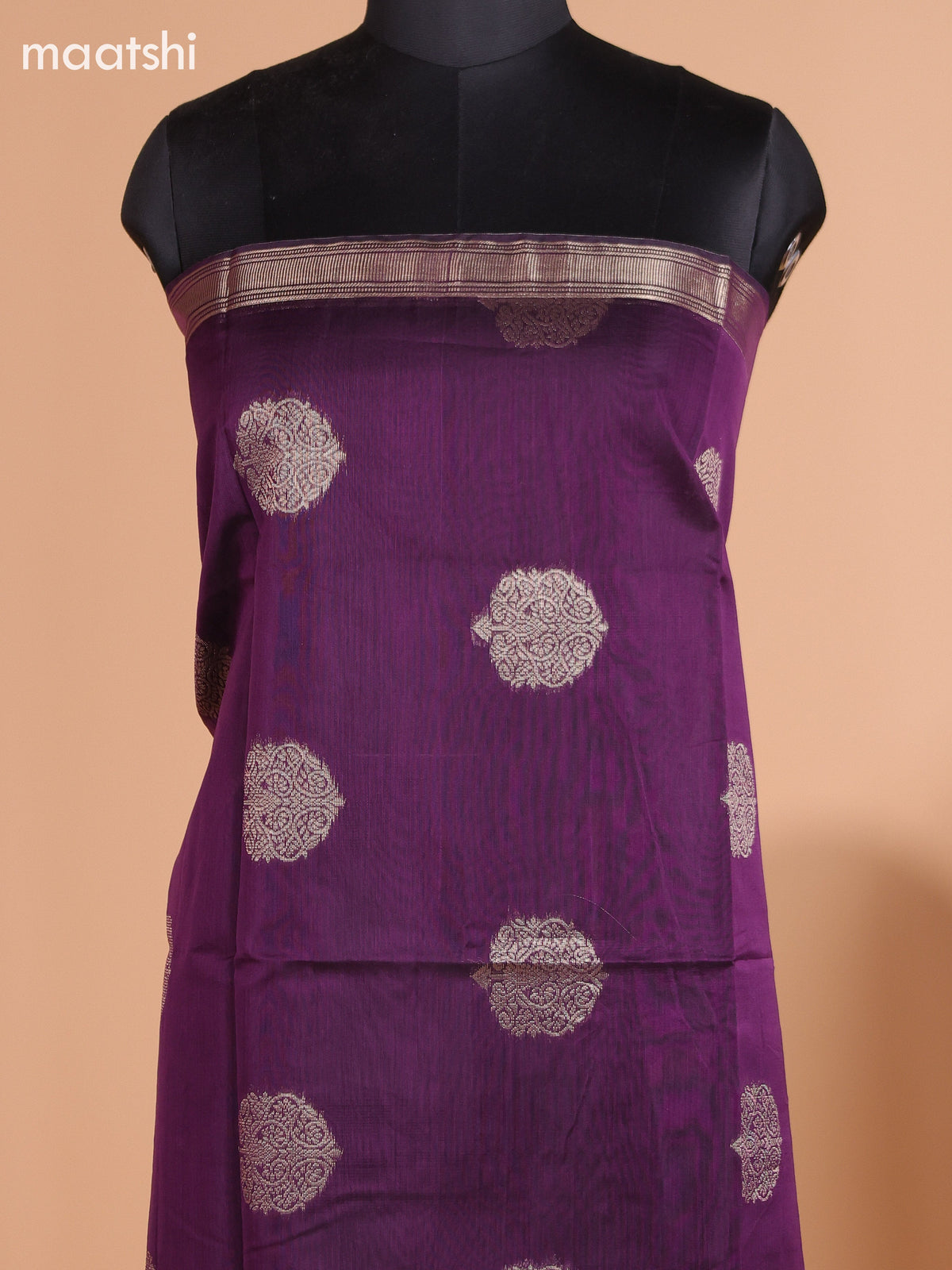 Deep Purple and Dark Sandal Semi Silk Cotton Dress Material With Zari Buttas and Bottom & Dupatta