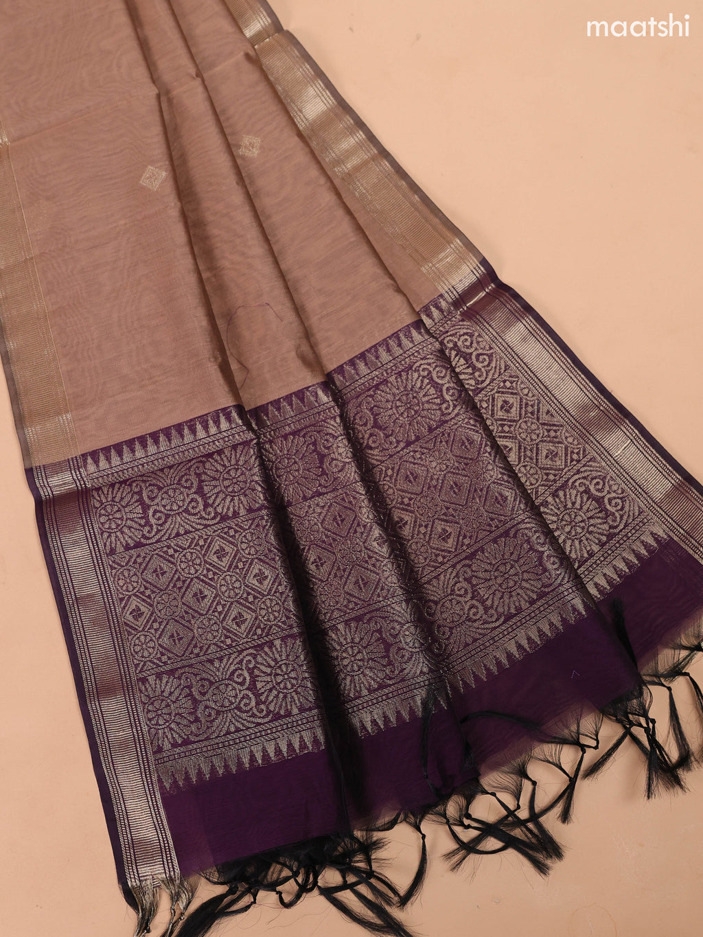 Deep Purple and Dark Sandal Semi Silk Cotton Dress Material With Zari Buttas and Bottom & Dupatta
