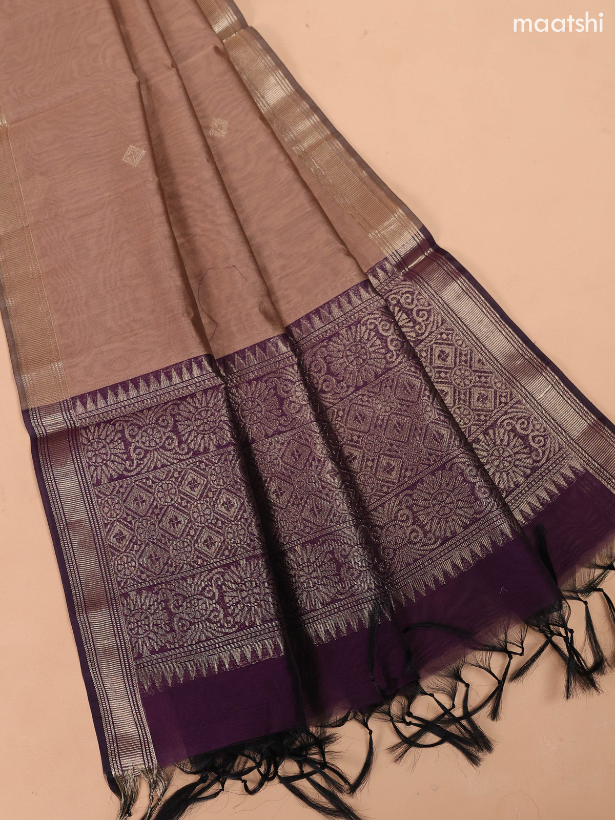 Deep Purple and Dark Sandal Semi Silk Cotton Dress Material With Zari Buttas and Bottom & Dupatta
