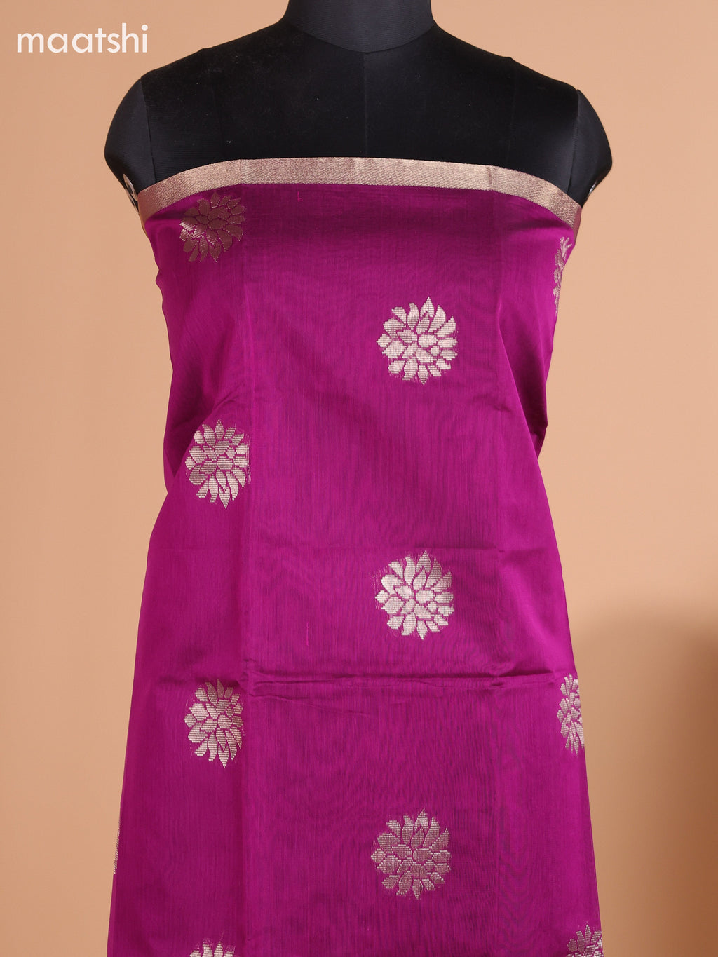 Purple and Teal Green Semi Silk Cotton Dress Material With Zari Buttas and Bottom & Dupatta