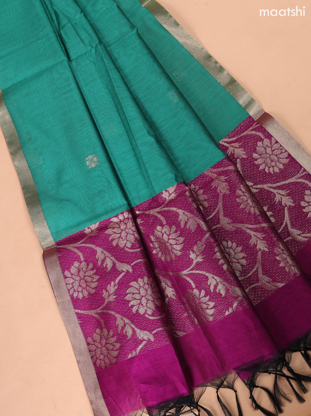 Purple and Teal Green Semi Silk Cotton Dress Material With Zari Buttas and Bottom & Dupatta