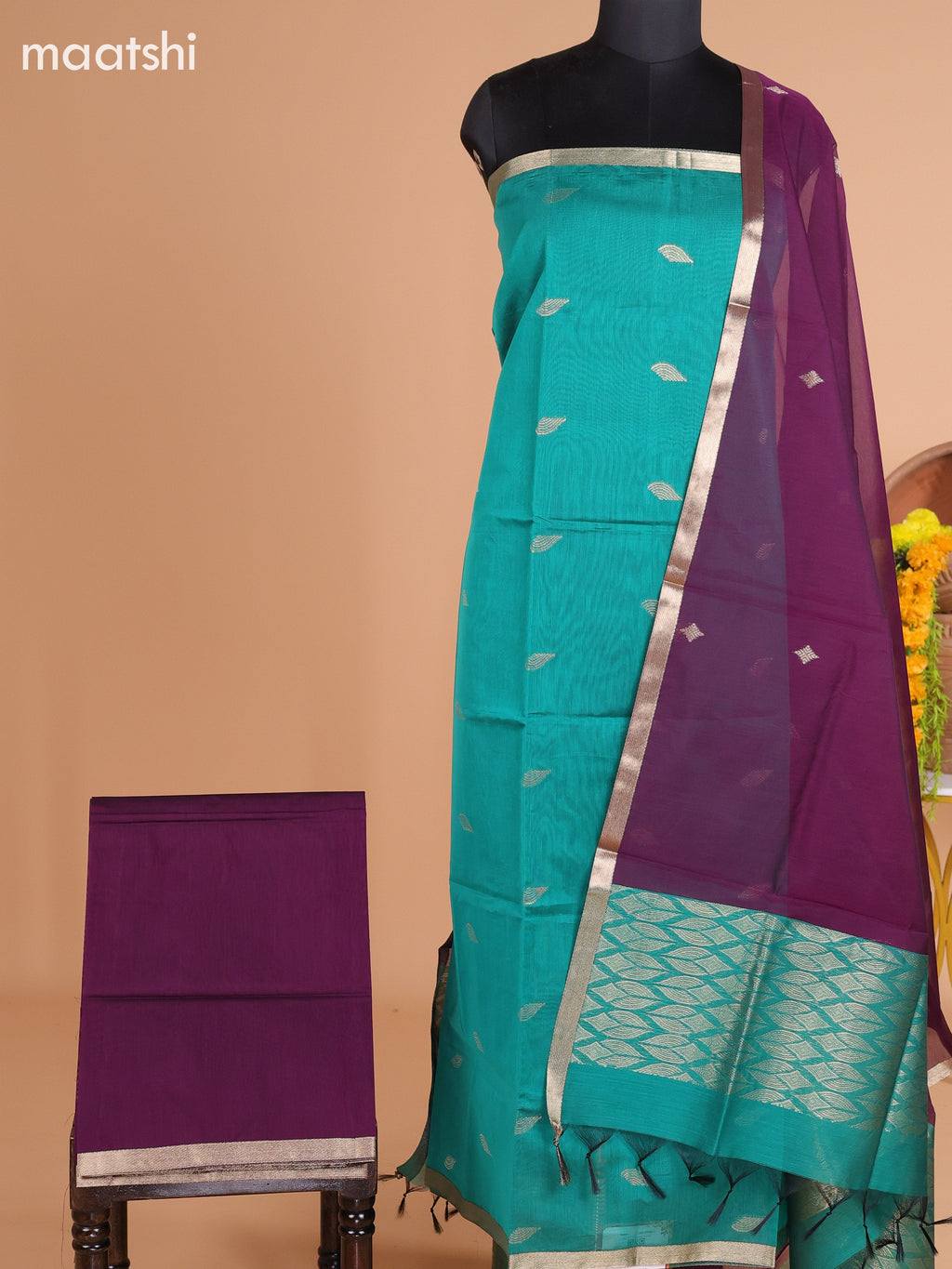 Teal Green and Deep Purple Semi Silk Cotton Dress Material With Zari Buttas and Bottom & Dupatta