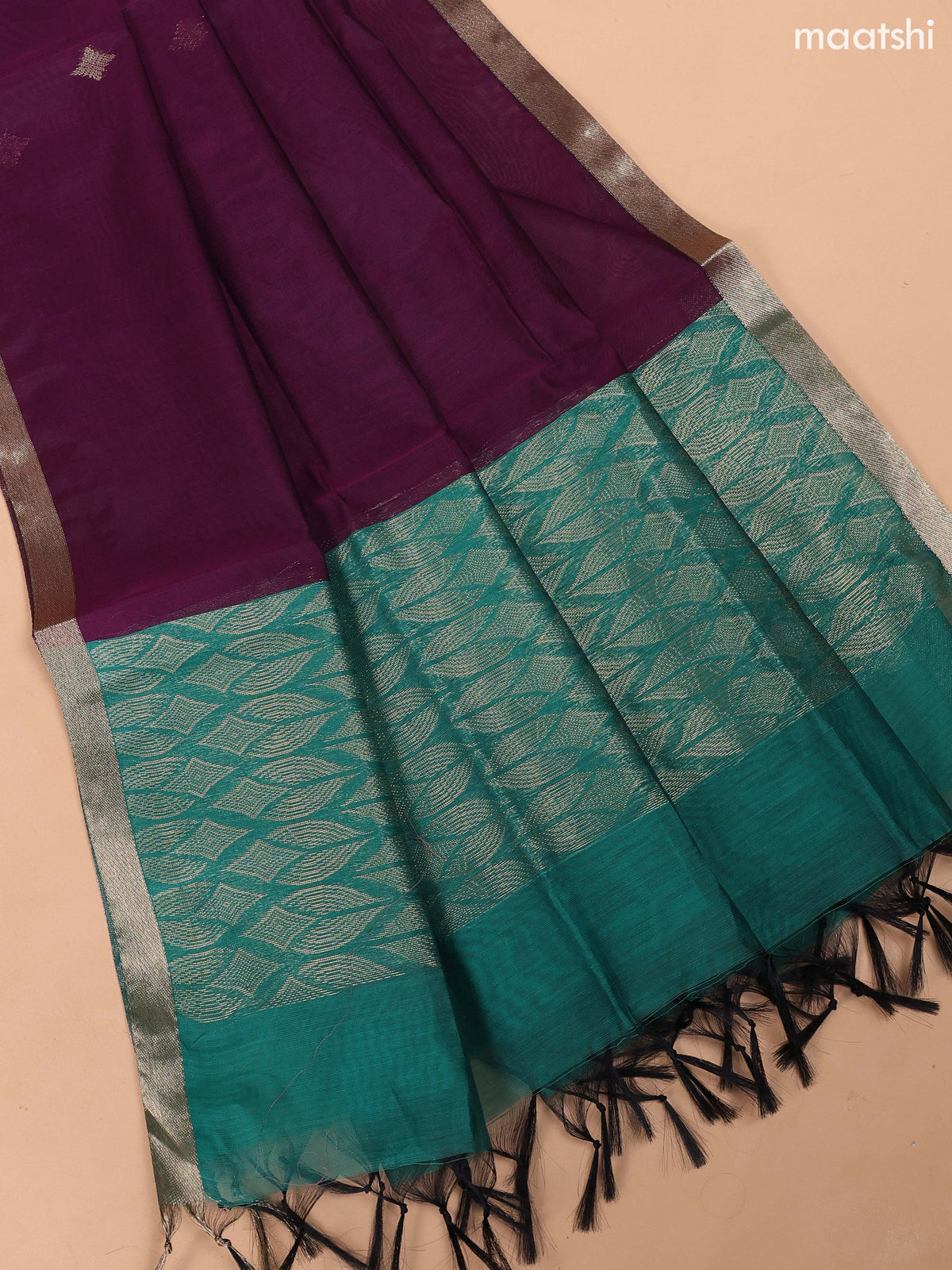 Teal Green and Deep Purple Semi Silk Cotton Dress Material With Zari Buttas and Bottom & Dupatta