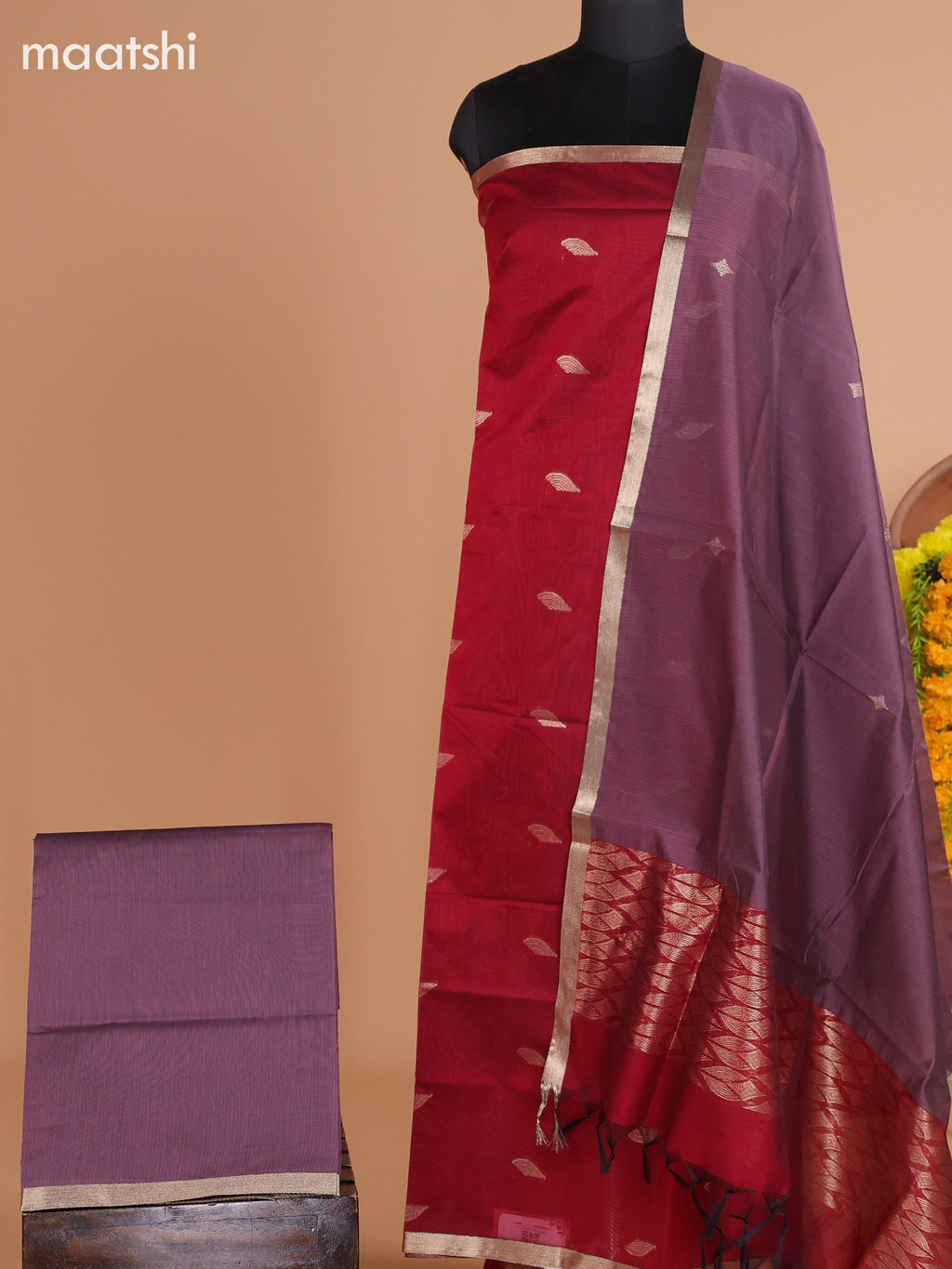 Maroon and Rosy Brown Semi Silk Cotton Dress Material With Zari Buttas and Bottom & Dupatta