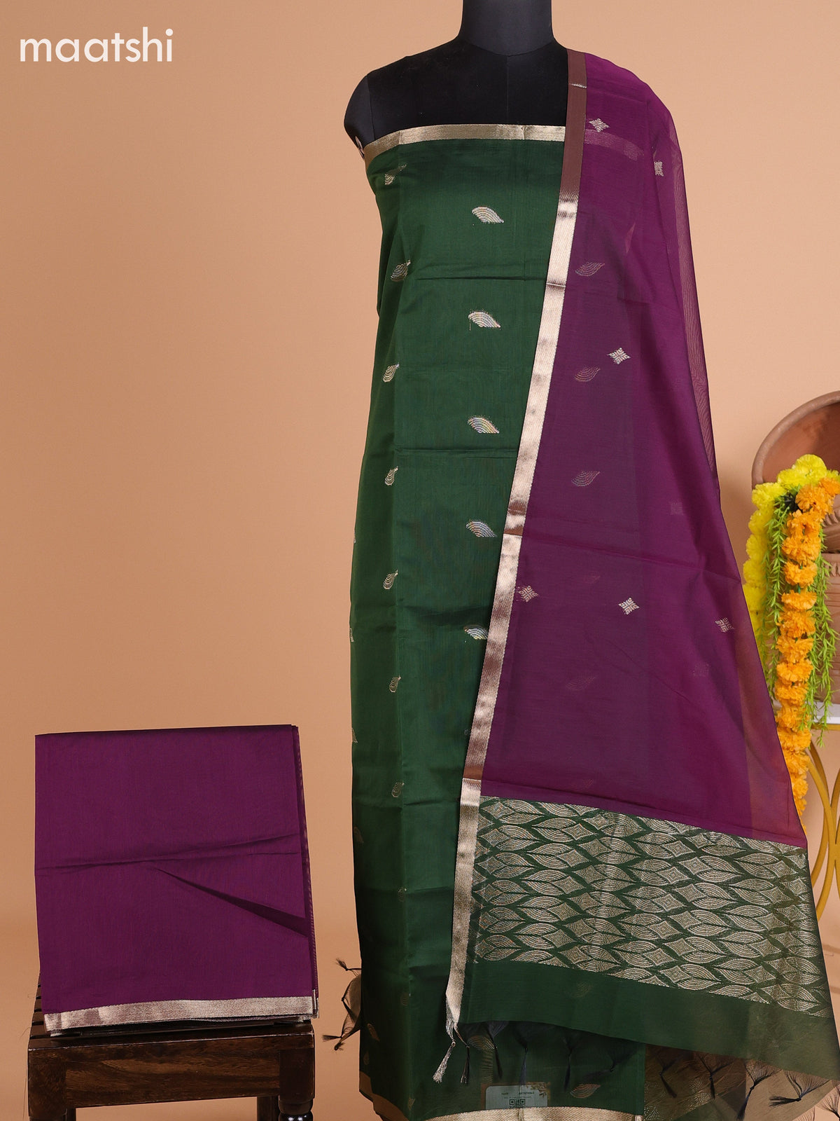 Sap Green and Purple Semi Silk Cotton Dress Material With Zari Buttas and Bottom & Dupatta