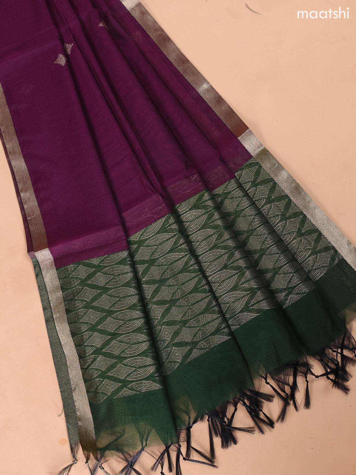 Sap Green and Purple Semi Silk Cotton Dress Material With Zari Buttas and Bottom & Dupatta