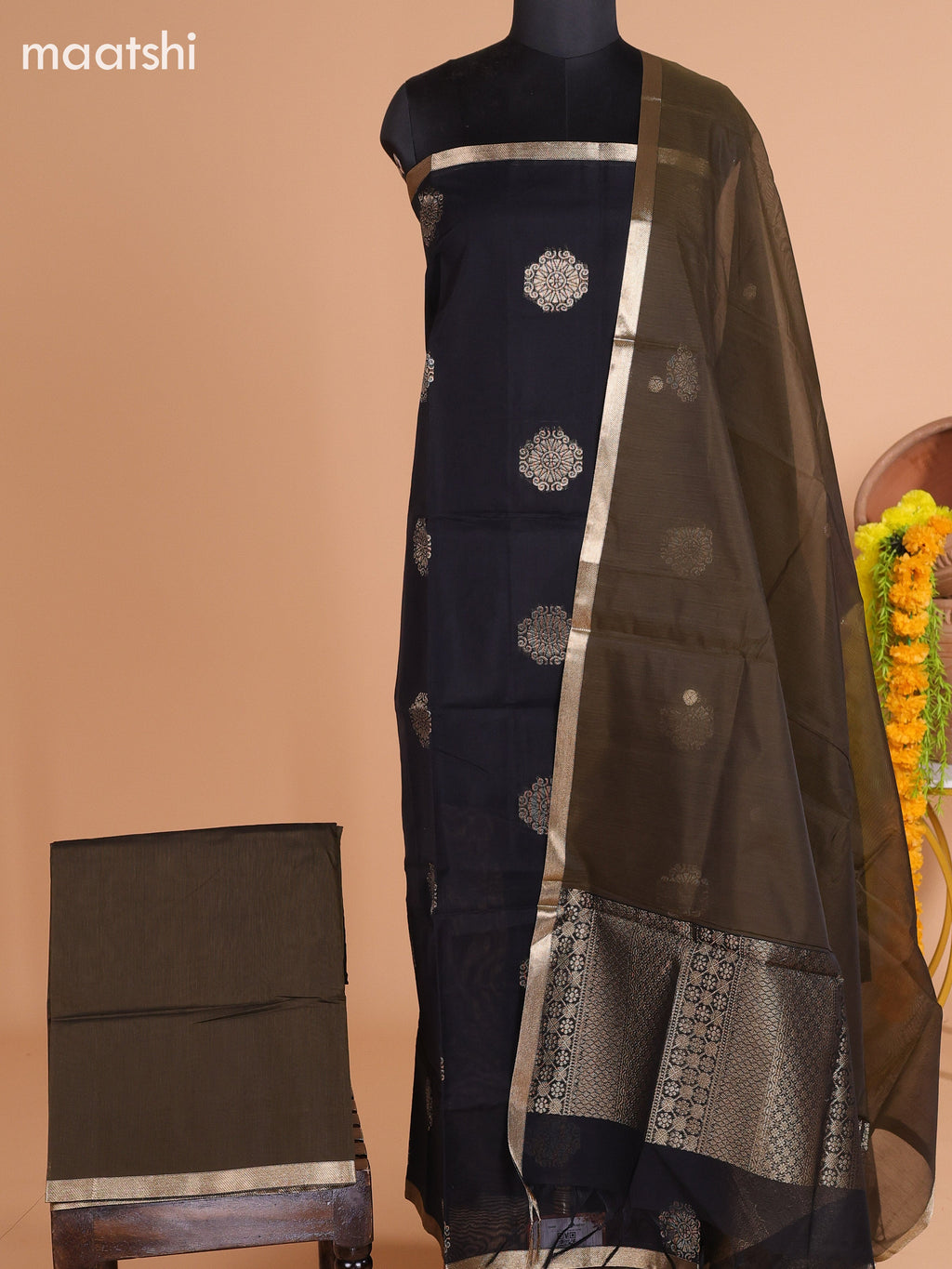 Black and Dark Mehendi Green Semi Silk Cotton Dress Material With Zari Buttas and Bottom & Dupatta