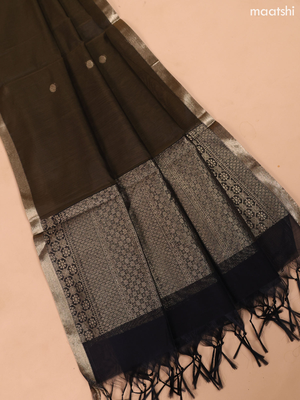 Black and Dark Mehendi Green Semi Silk Cotton Dress Material With Zari Buttas and Bottom & Dupatta