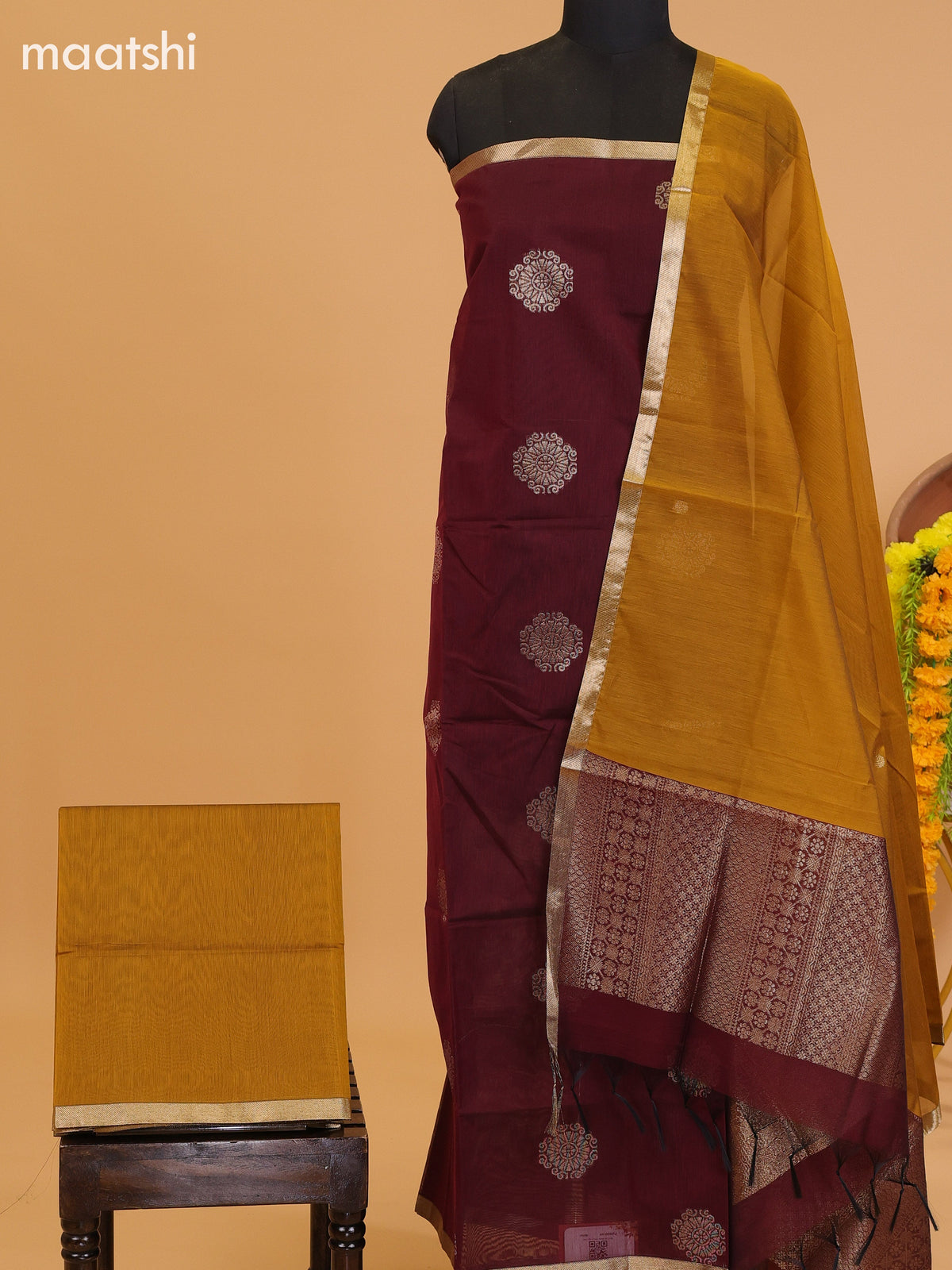 Dark Maroon and Mustard Yellow Semi Silk Cotton Dress Material With Zari Buttas and Bottom & Dupatta