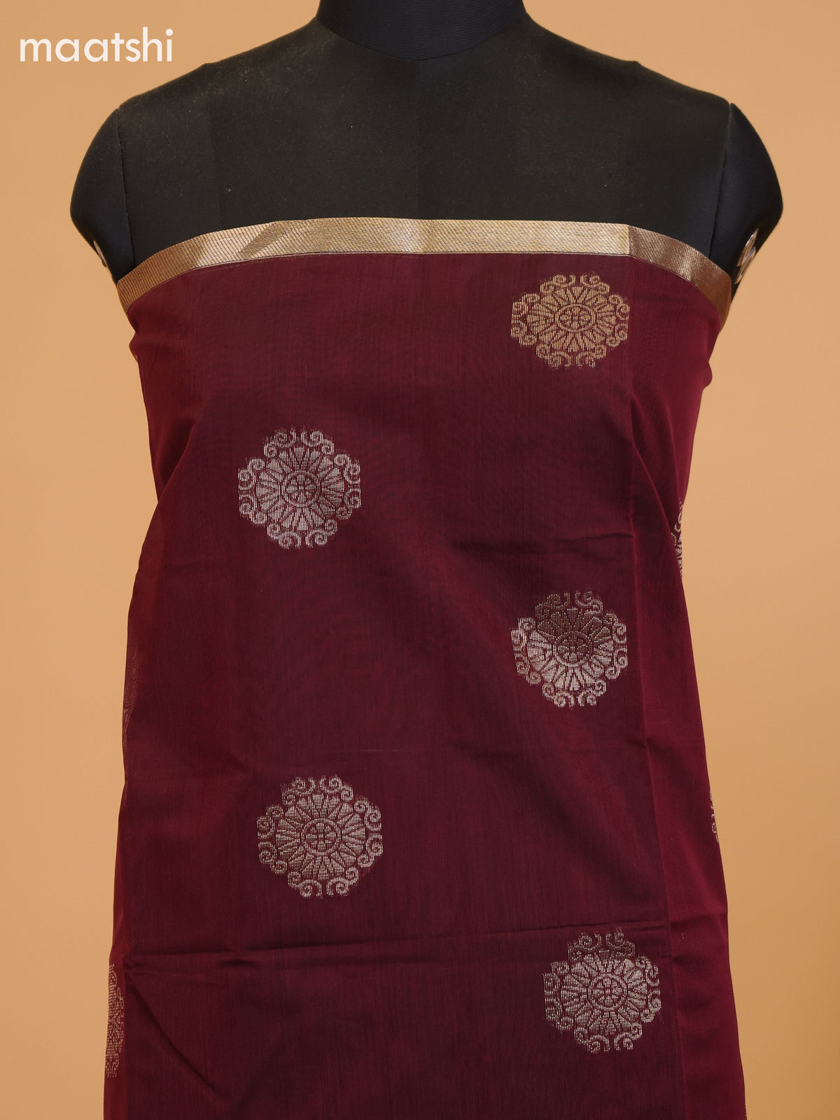 Dark Maroon and Mustard Yellow Semi Silk Cotton Dress Material With Zari Buttas and Bottom & Dupatta