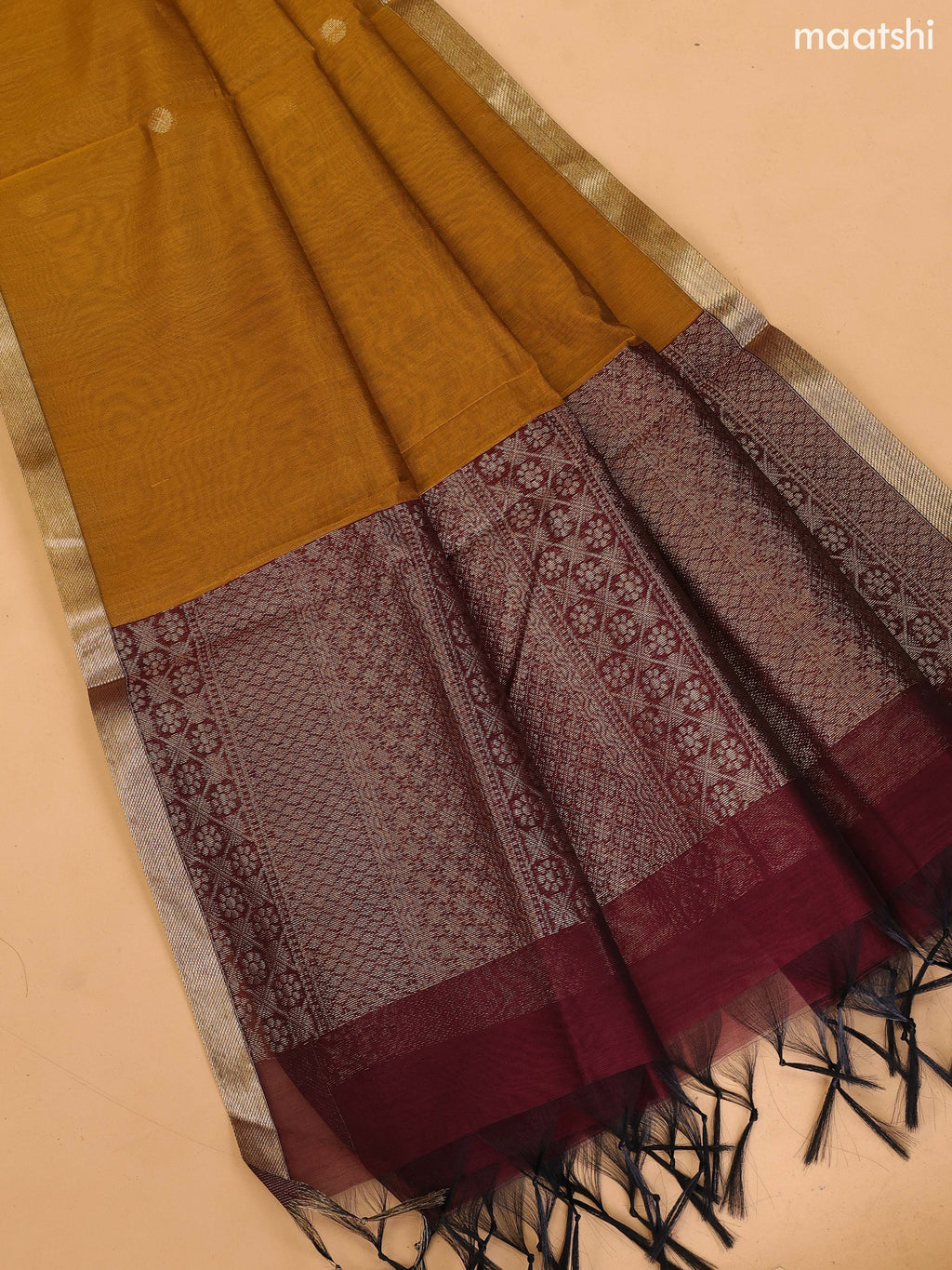 Dark Maroon and Mustard Yellow Semi Silk Cotton Dress Material With Zari Buttas and Bottom & Dupatta