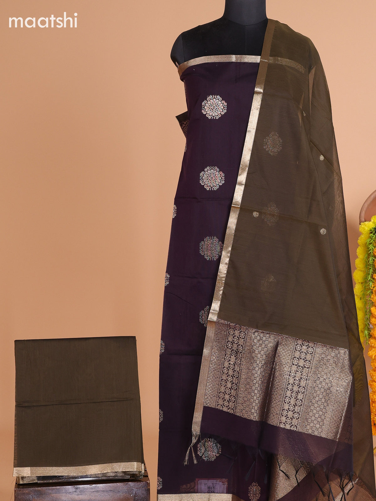 Deep Wine Shade and Dark Mehendi Green Semi Silk Cotton Dress Material With Zari Buttas and Bottom & Dupatta