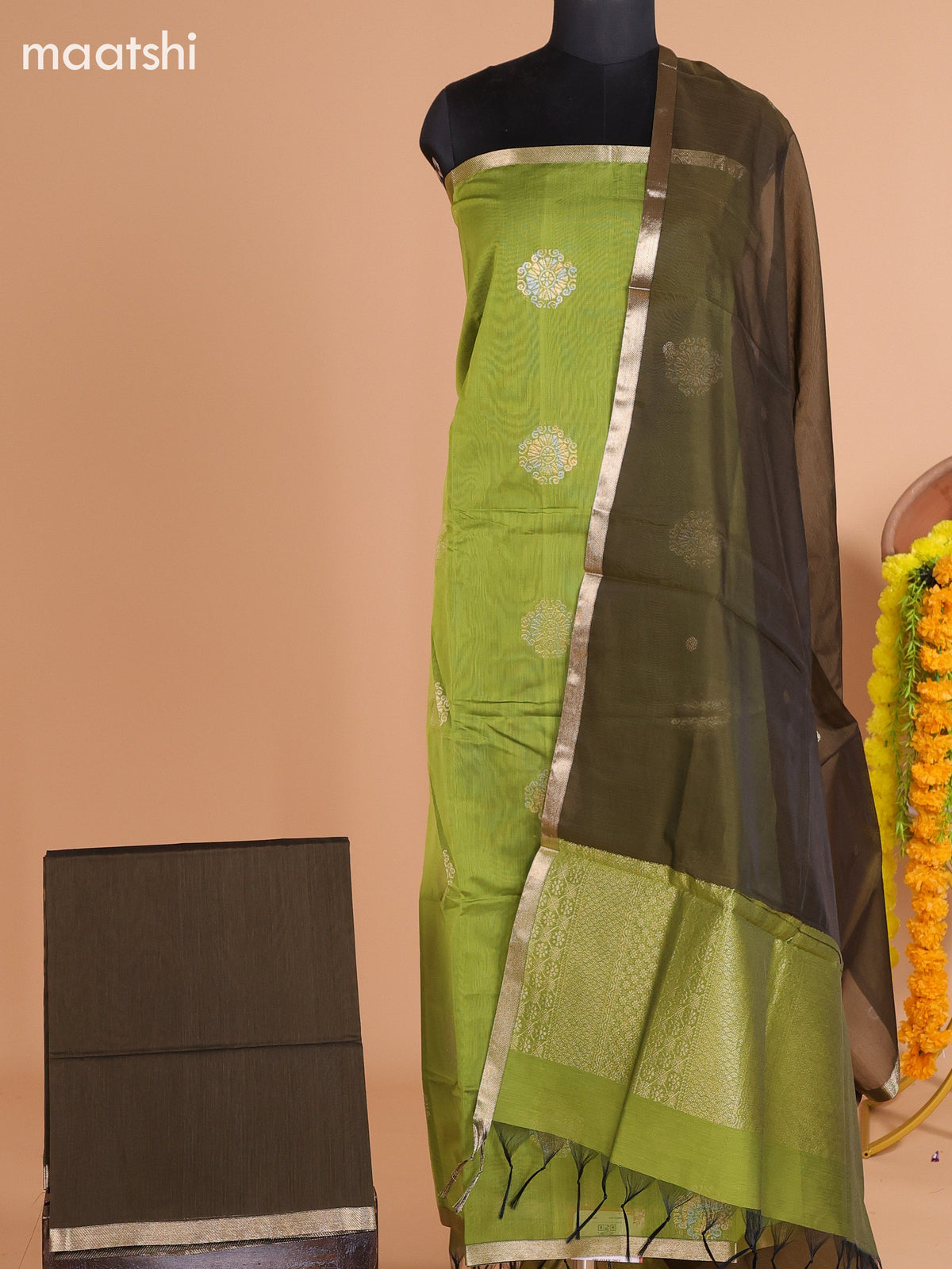 Lime Green and Dark Mehendi Green Semi Silk Cotton Dress Material With Zari Buttas and Bottom & Dupatta