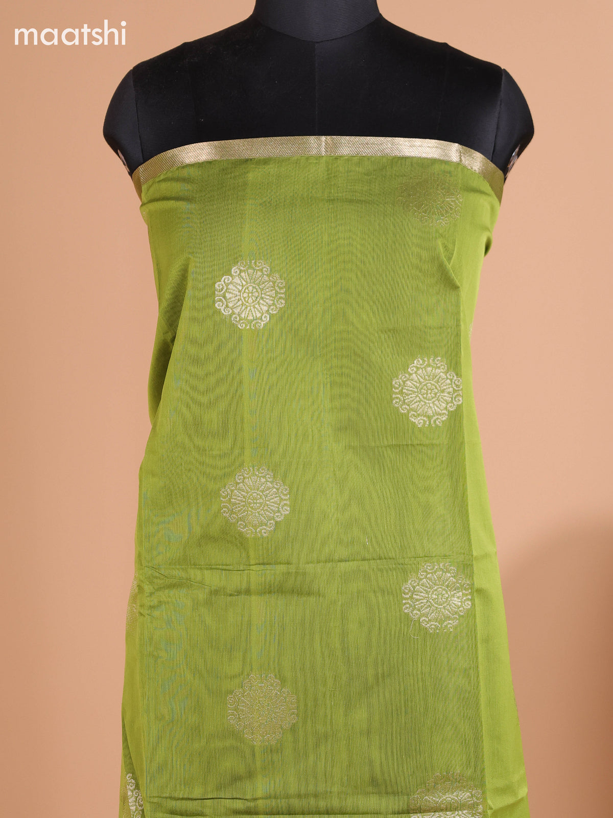 Lime Green and Dark Mehendi Green Semi Silk Cotton Dress Material With Zari Buttas and Bottom & Dupatta