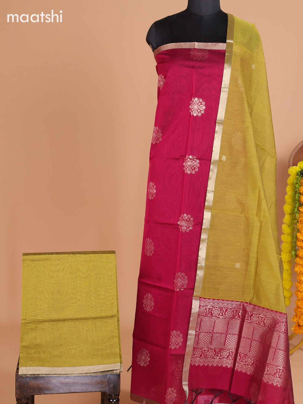 Maroon and Mehendi Green Semi Silk Cotton Dress Material With Zari Buttas and Bottom & Dupatta