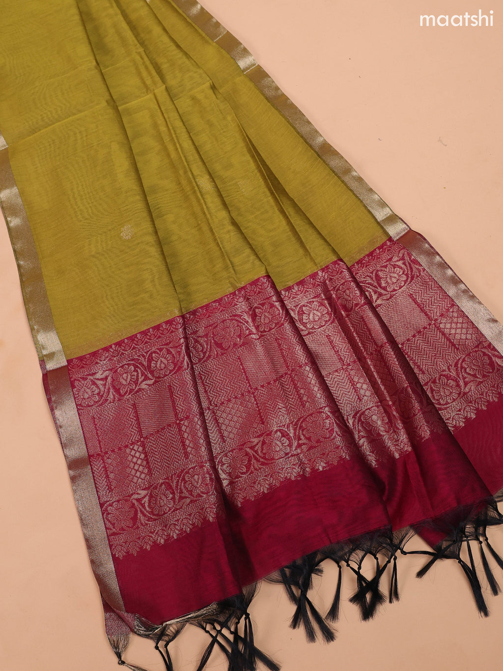 Maroon and Mehendi Green Semi Silk Cotton Dress Material With Zari Buttas and Bottom & Dupatta