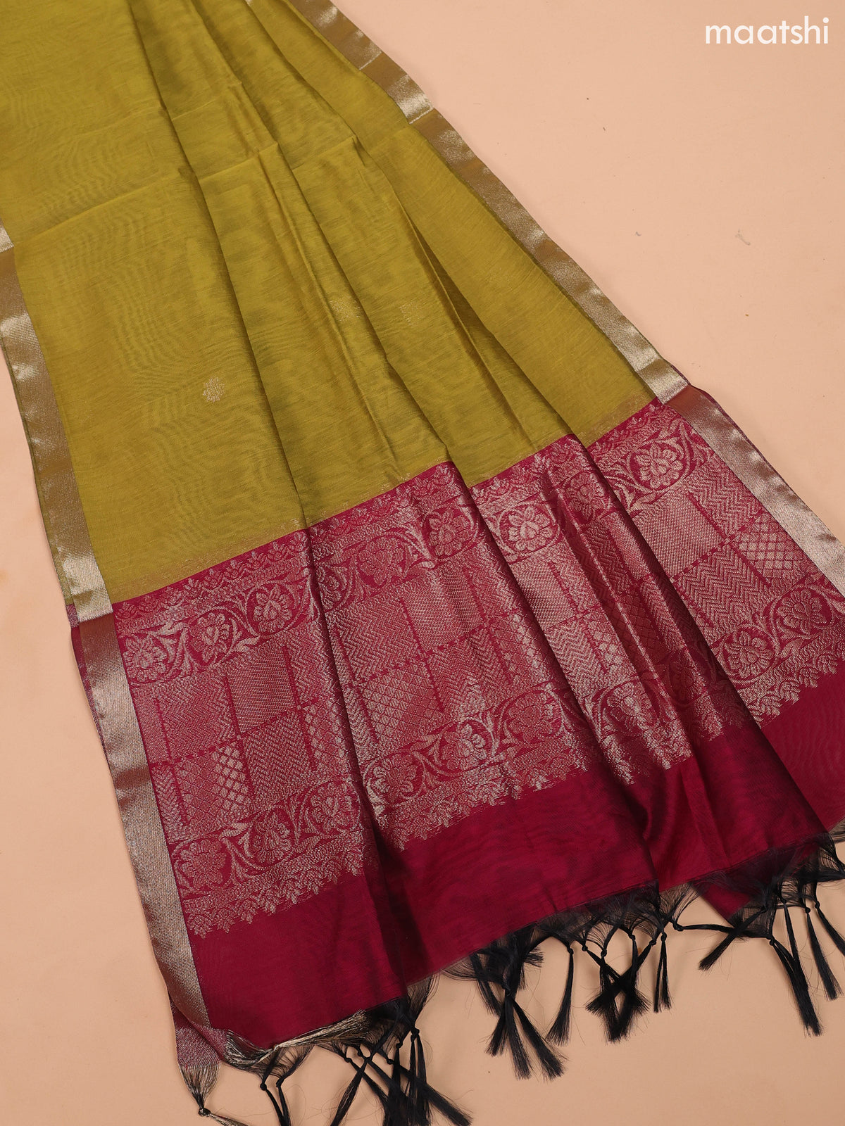 Maroon and Mehendi Green Semi Silk Cotton Dress Material With Zari Buttas and Bottom & Dupatta