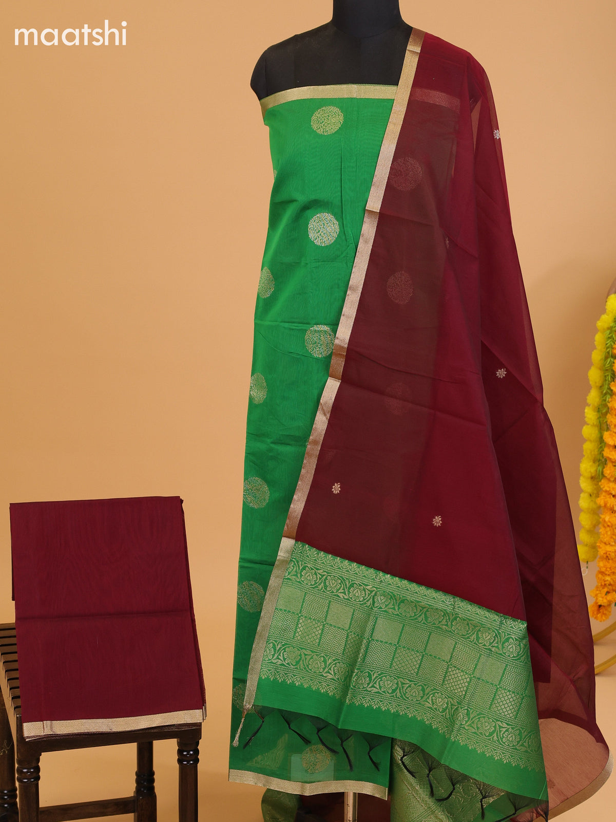Green and Maroon Semi Silk Cotton Dress Material With Zari Buttas and Bottom & Dupatta
