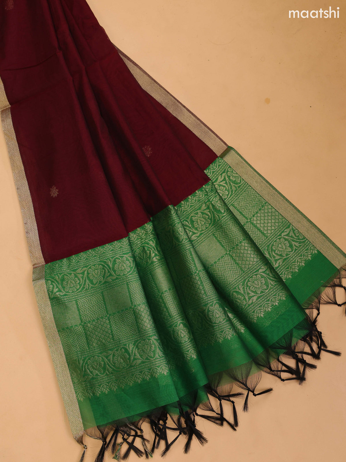 Green and Maroon Semi Silk Cotton Dress Material With Zari Buttas and Bottom & Dupatta