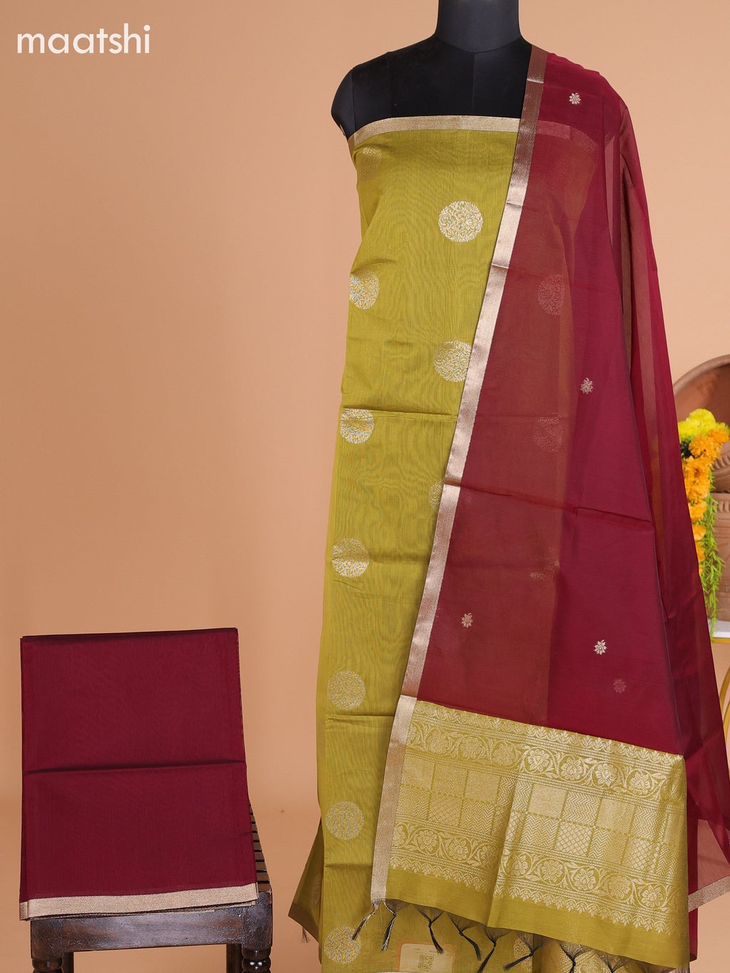 Mehendi Green and Maroon Semi Silk Cotton Dress Material With Zari Buttas and Bottom & Dupatta
