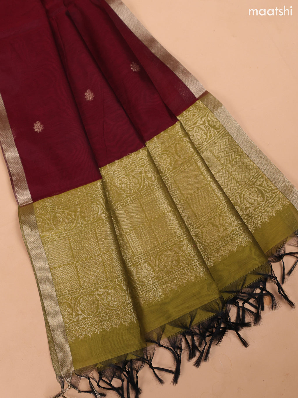 Mehendi Green and Maroon Semi Silk Cotton Dress Material With Zari Buttas and Bottom & Dupatta