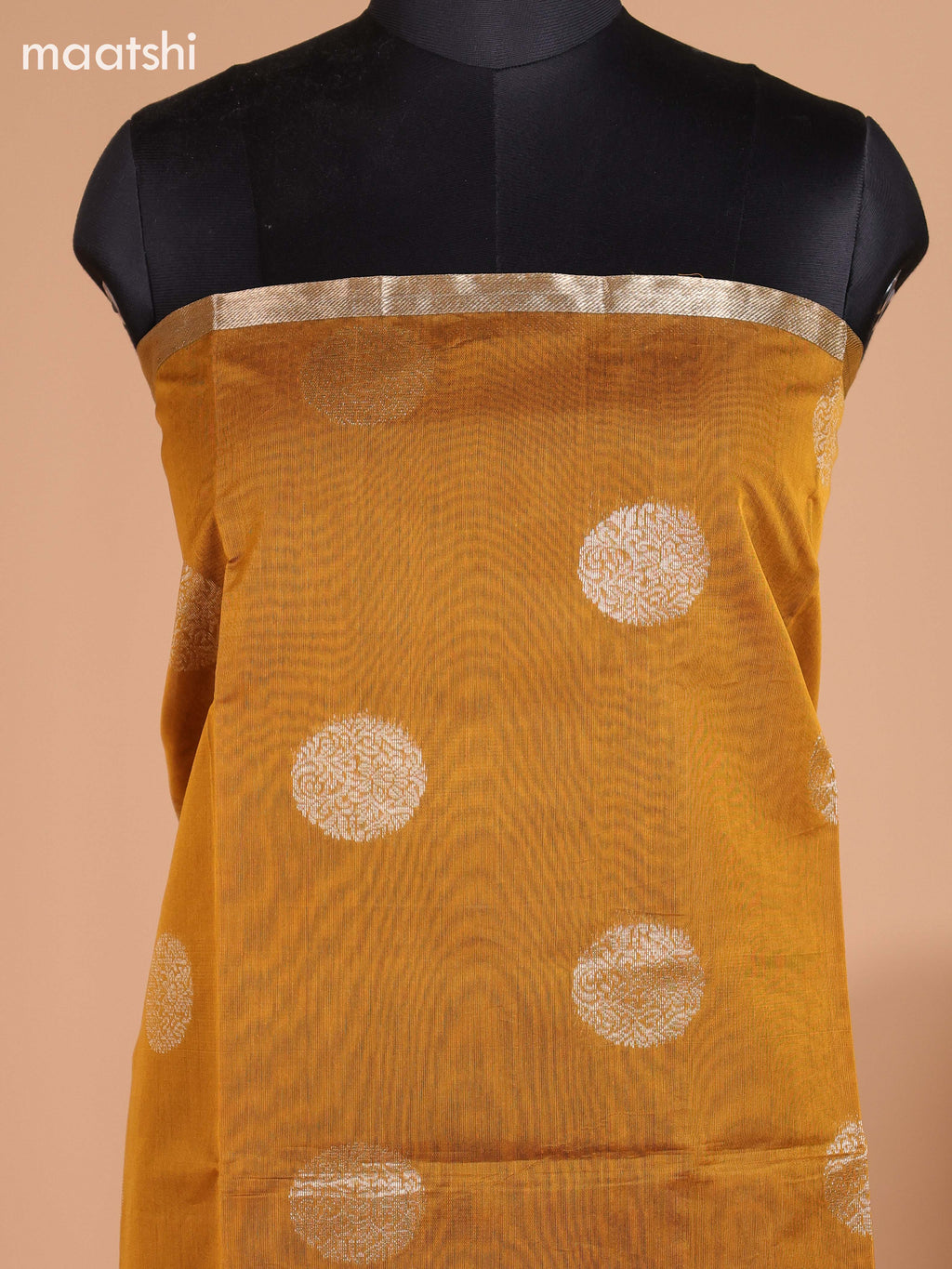 Mustard Yellow and Dark Green Semi Silk Cotton Dress Material With Zari Buttas and Bottom & Dupatta