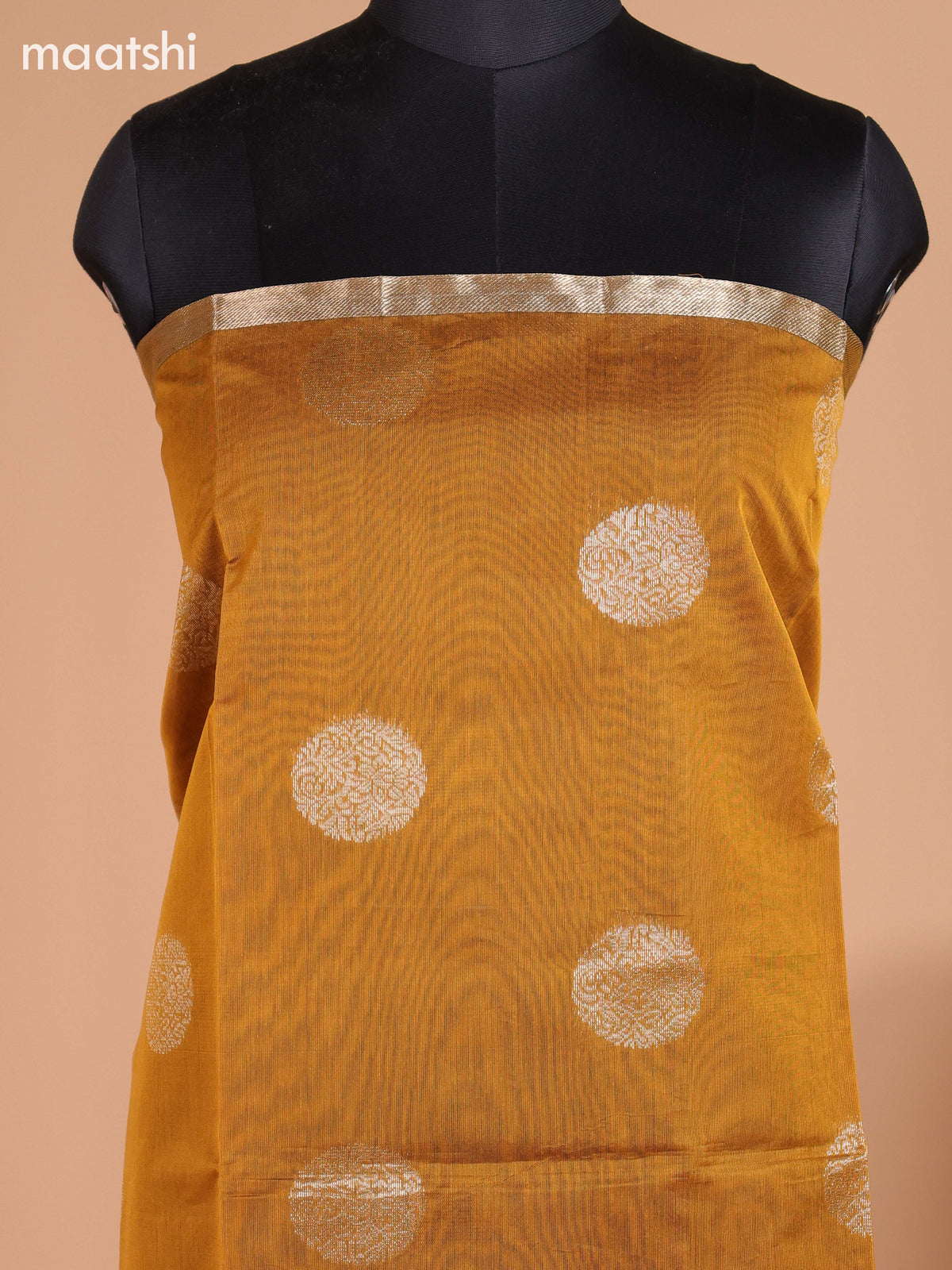 Mustard Yellow and Dark Green Semi Silk Cotton Dress Material With Zari Buttas and Bottom & Dupatta