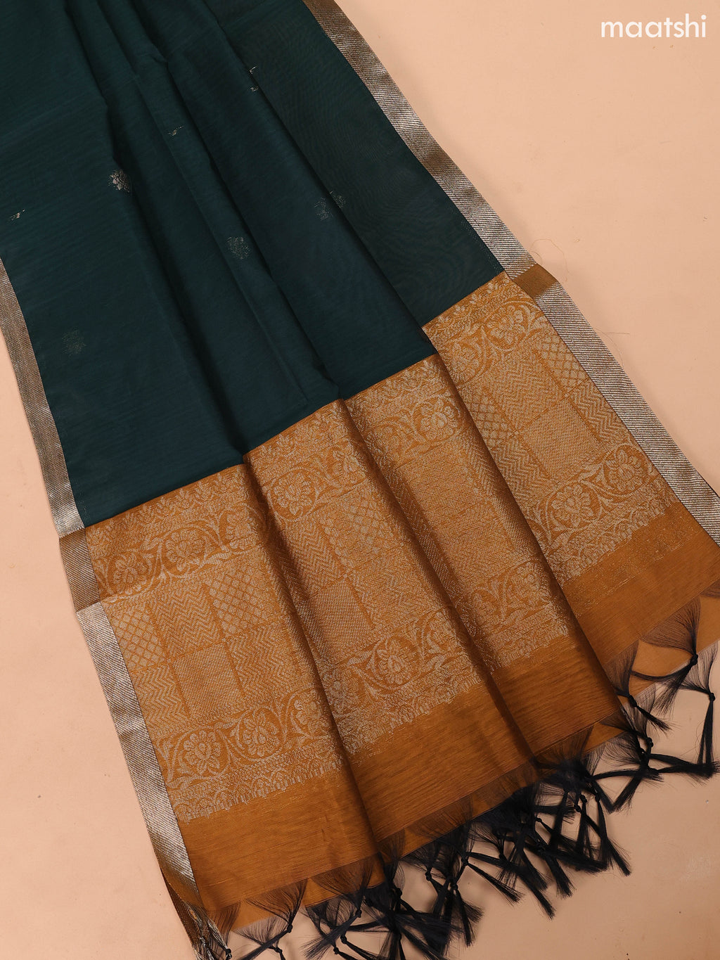 Mustard Yellow and Dark Green Semi Silk Cotton Dress Material With Zari Buttas and Bottom & Dupatta