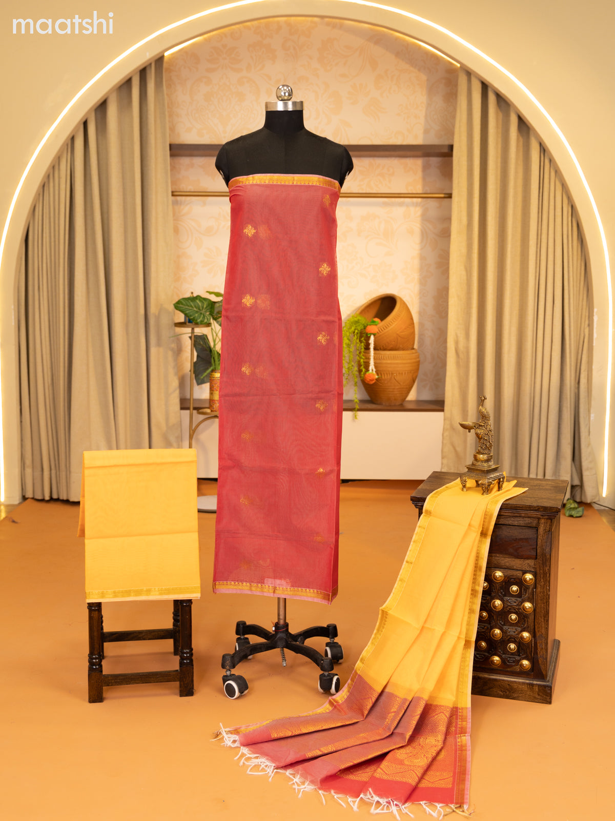 Red and Yellow Semi Silk Cotton Dress Material With Zari Buttas and Bottom & Zari Dupatta