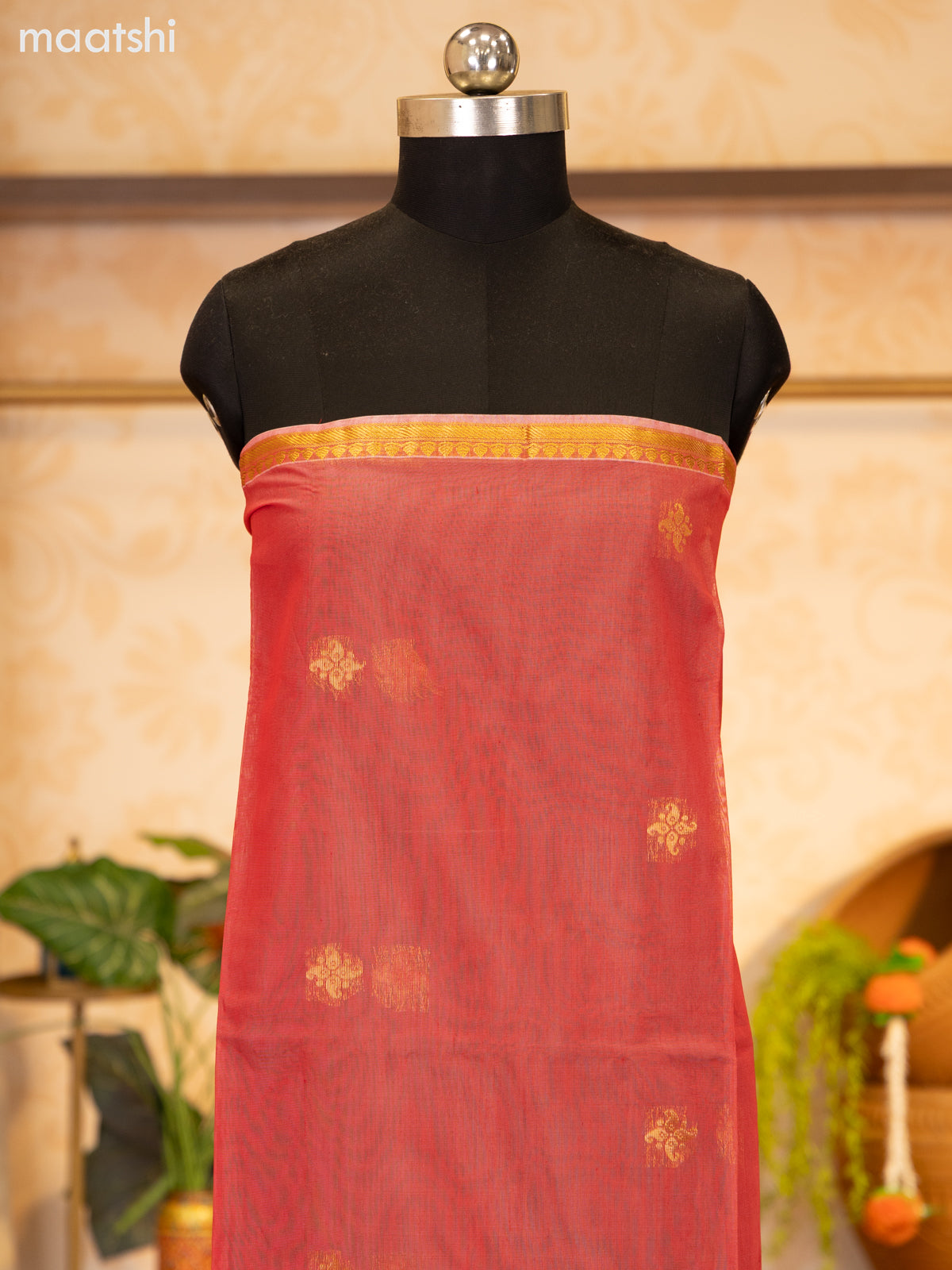 Red and Yellow Semi Silk Cotton Dress Material With Zari Buttas and Bottom & Zari Dupatta
