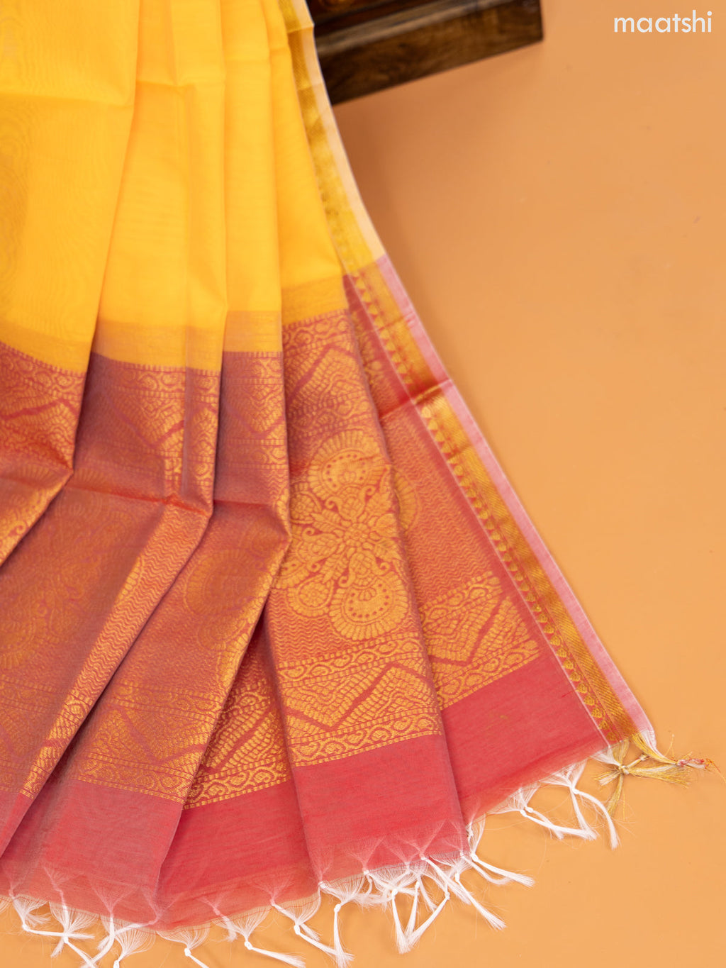 Red and Yellow Semi Silk Cotton Dress Material With Zari Buttas and Bottom & Zari Dupatta