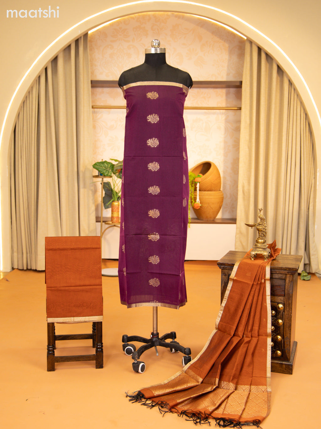 Purple and Rustic Brown Semi Silk Cotton Dress Material With Zari Buttas and Bottom & Zari Dupatta