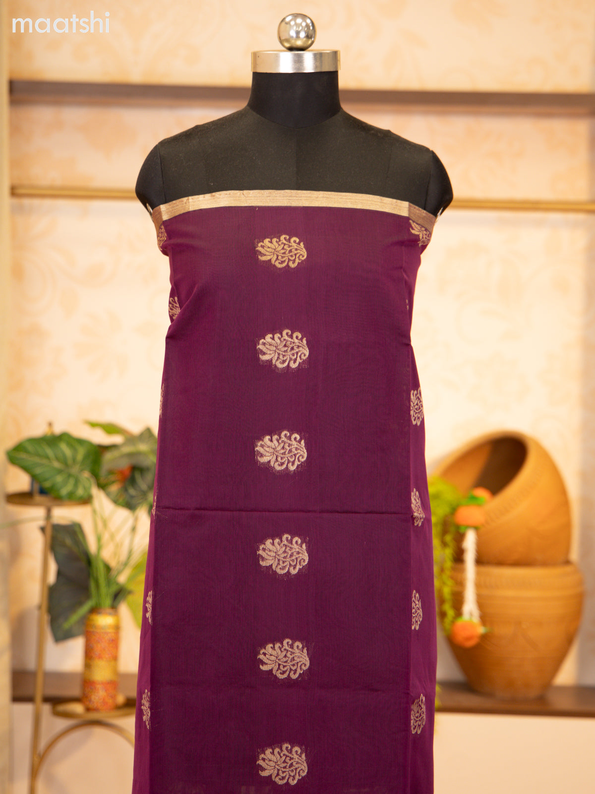 Purple and Rustic Brown Semi Silk Cotton Dress Material With Zari Buttas and Bottom & Zari Dupatta