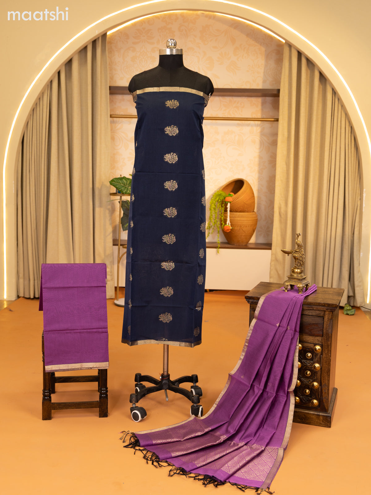 Dark Blue and Lavender Semi Silk Cotton Dress Material With Zari Buttas and Bottom & Zari Dupatta