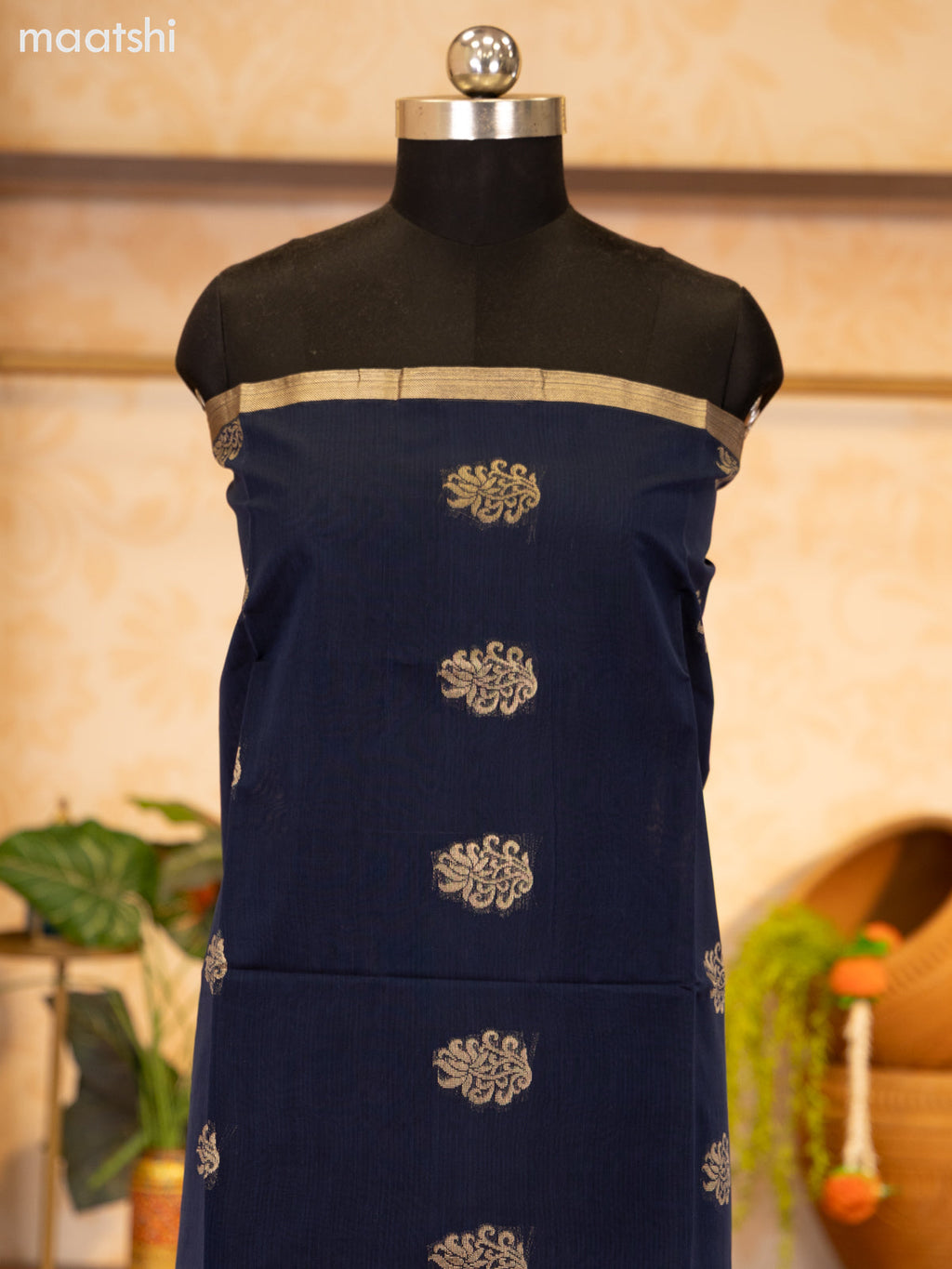 Dark Blue and Lavender Semi Silk Cotton Dress Material With Zari Buttas and Bottom & Zari Dupatta
