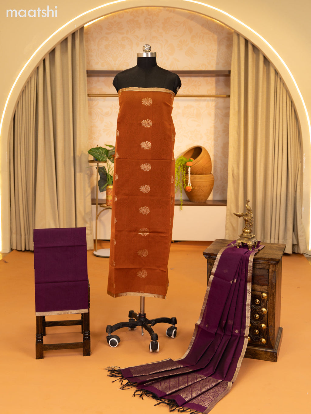 Rustic Brown and Purple Semi Silk Cotton Dress Material With Zari Buttas and Bottom & Zari Dupatta