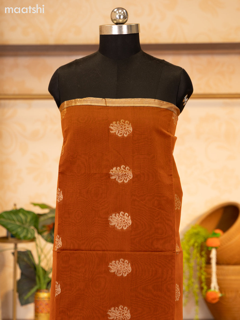 Rustic Brown and Purple Semi Silk Cotton Dress Material With Zari Buttas and Bottom & Zari Dupatta
