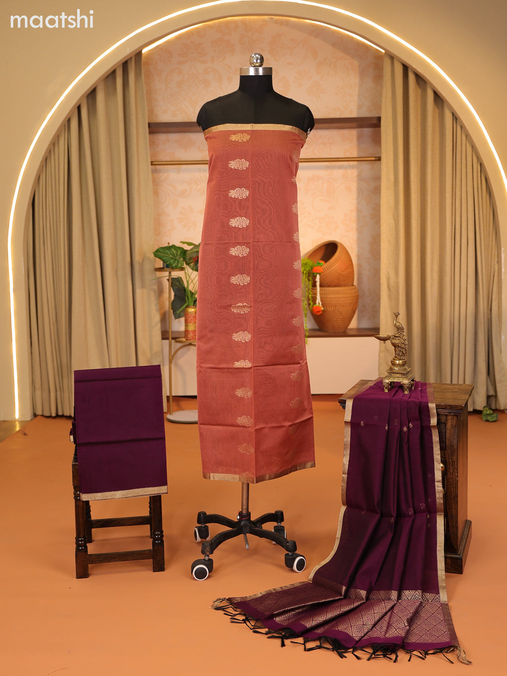 Peach Pink and Purple Semi Silk Cotton Dress Material With Zari Buttas and Bottom & Zari Dupatta