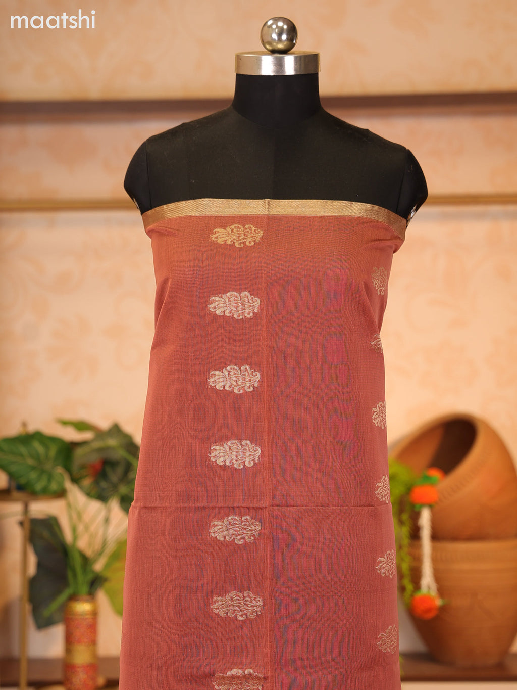 Peach Pink and Purple Semi Silk Cotton Dress Material With Zari Buttas and Bottom & Zari Dupatta