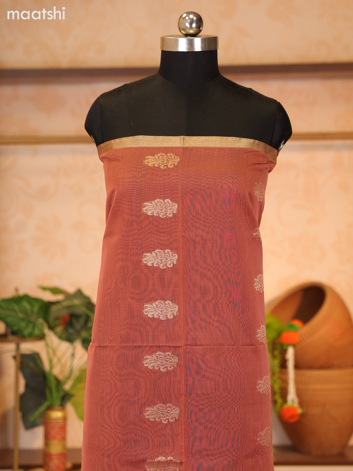 Peach Pink and Purple Semi Silk Cotton Dress Material With Zari Buttas and Bottom & Zari Dupatta